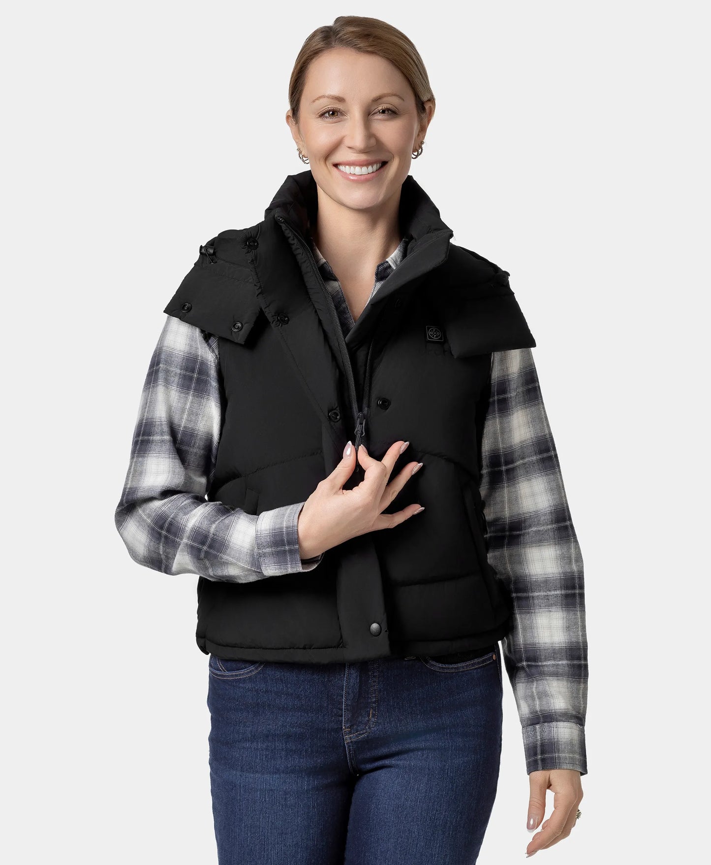 Women's Heated Cropped Puffer Down Vest - Black / Red