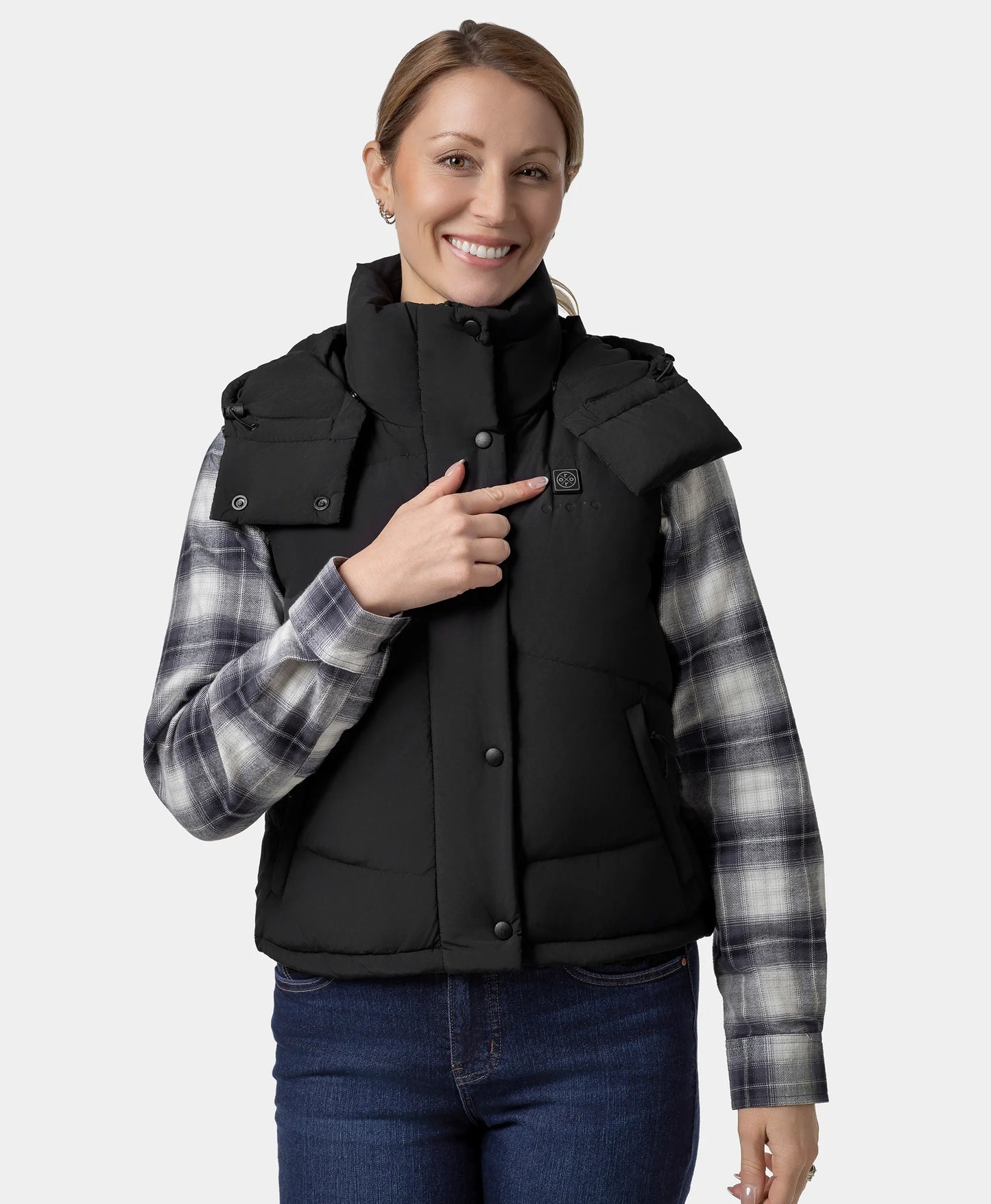 Women's Heated Cropped Puffer Down Vest - Black / Red