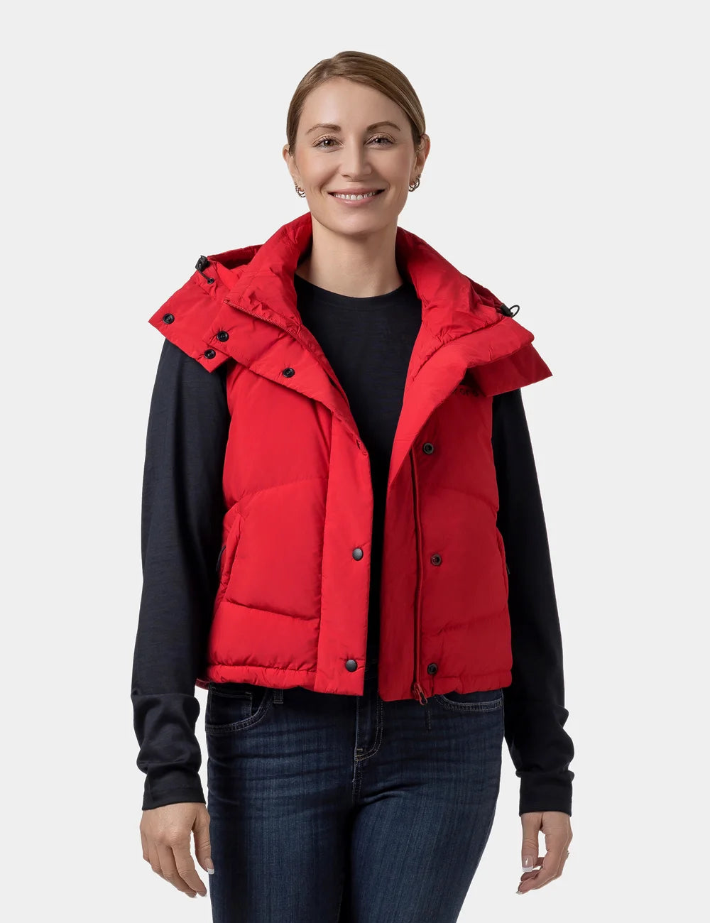 Women's Heated Cropped Puffer Down Vest - Black / Red